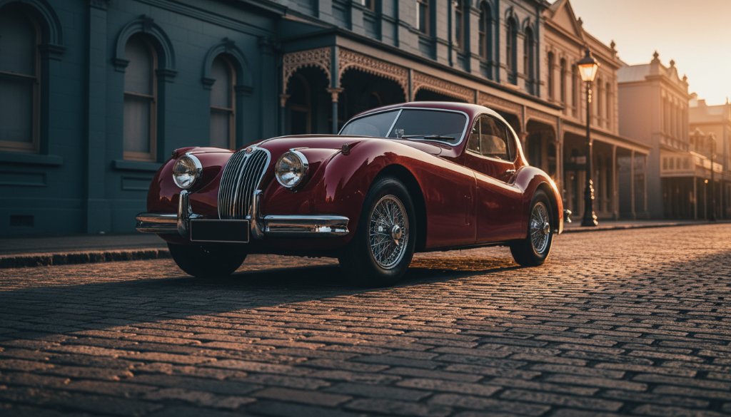 An epic moment capture of a gleaming vintage car parked on a historic street in Ballarat Central, Victoria, bathed in dramatic golden hour light, perfect for a Vintage Car Photoshoot Ballarat Central Victoria.