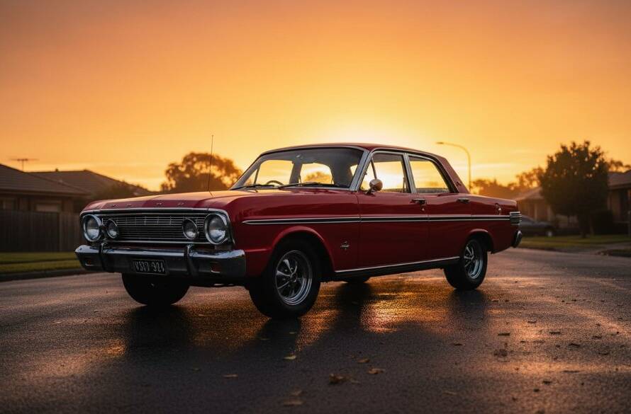 Dramatic wide shot capturing a gleaming vintage muscle car during a Vintage Car Photoshoot Blackburn South Victoria at sunset, with golden light reflecting off its chrome and iconic suburban streets in the blurred background, evoking speed and timeless elegance.