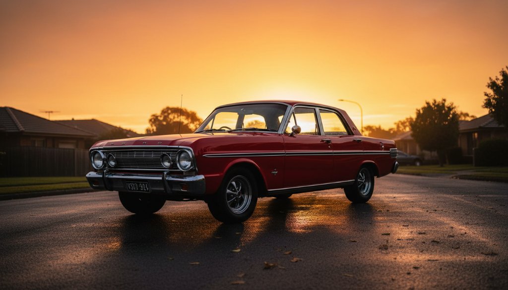 Dramatic wide shot capturing a gleaming vintage muscle car during a Vintage Car Photoshoot Blackburn South Victoria at sunset, with golden light reflecting off its chrome and iconic suburban streets in the blurred background, evoking speed and timeless elegance.