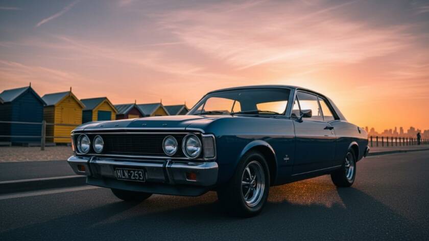 A gleaming vintage muscle car, perfectly lit at sunset on Brighton Beach, captured during a stunning Vintage Car Photoshoot Brighton Beach Melbourne, showcasing its iconic lines and chrome details.