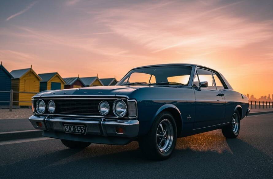 A gleaming vintage muscle car, perfectly lit at sunset on Brighton Beach, captured during a stunning Vintage Car Photoshoot Brighton Beach Melbourne, showcasing its iconic lines and chrome details.