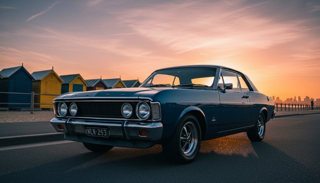 A gleaming vintage muscle car, perfectly lit at sunset on Brighton Beach, captured during a stunning Vintage Car Photoshoot Brighton Beach Melbourne, showcasing its iconic lines and chrome details.