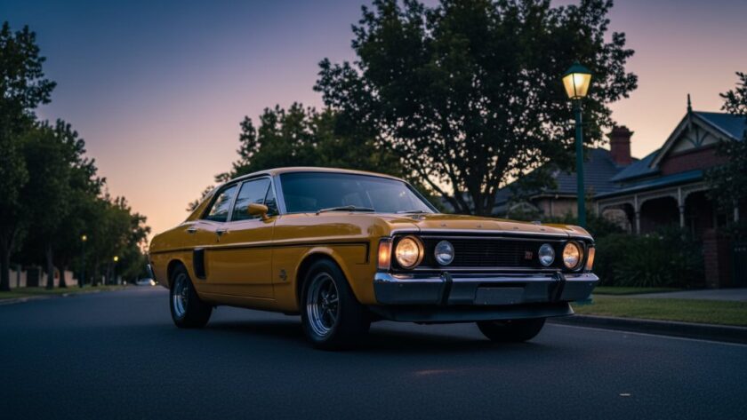 A powerful vintage car photoshoot in Drumcondra, Victoria, featuring a gleaming classic muscle car dramatically parked at dawn on a tree-lined street, with golden light reflecting off its polished chrome, evoking a sense of timeless power and elegance.