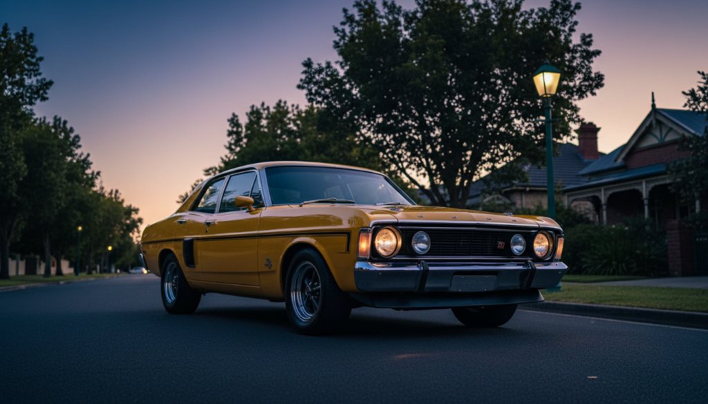 A powerful vintage car photoshoot in Drumcondra, Victoria, featuring a gleaming classic muscle car dramatically parked at dawn on a tree-lined street, with golden light reflecting off its polished chrome, evoking a sense of timeless power and elegance.