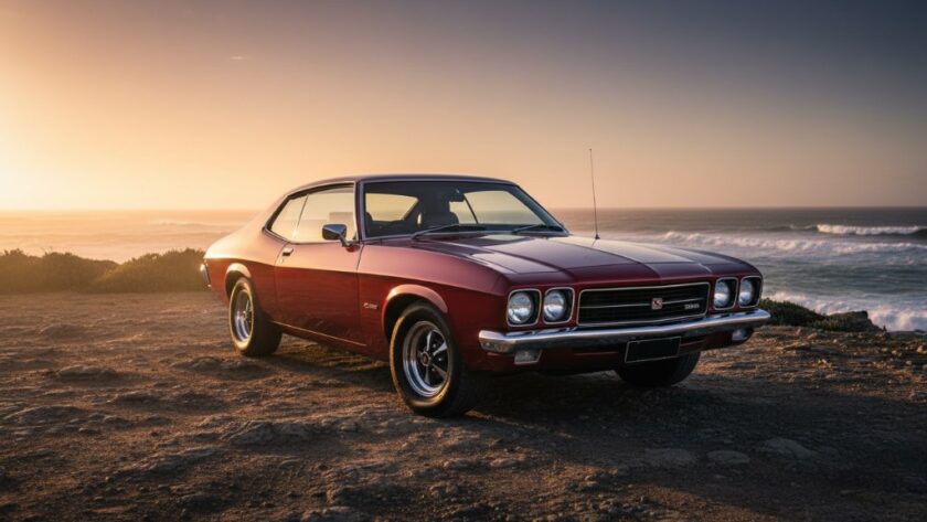 A dramatic sunset 'epic moment' photograph showcasing a highly polished vintage muscle car parked along the rugged Portland, Victoria coastline, with the golden hour light reflecting off its chrome, emphasizing the vehicle's classic lines during a Vintage Car Photoshoot Portland Victoria.