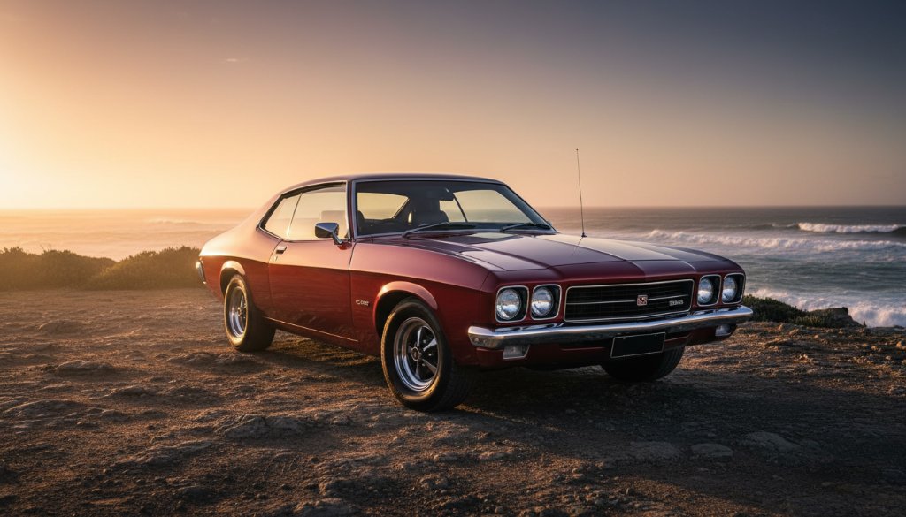 A dramatic sunset 'epic moment' photograph showcasing a highly polished vintage muscle car parked along the rugged Portland, Victoria coastline, with the golden hour light reflecting off its chrome, emphasizing the vehicle's classic lines during a Vintage Car Photoshoot Portland Victoria.