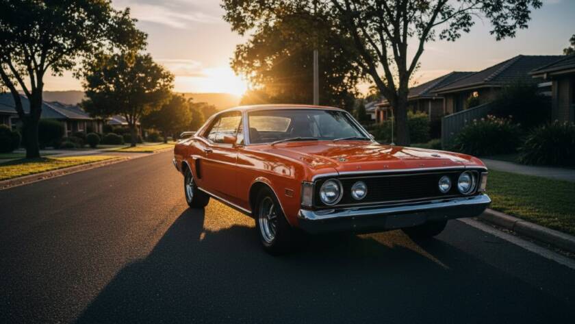 A stunning wide-angle shot capturing the essence of Vintage Car Stories Photography Croydon Victoria, showing a pristine vintage muscle car, gleaming under the golden hour sun on a quiet, tree-lined street in Croydon, Victoria, dramatic lighting highlighting its curves, with a hint of local architecture in the soft background.