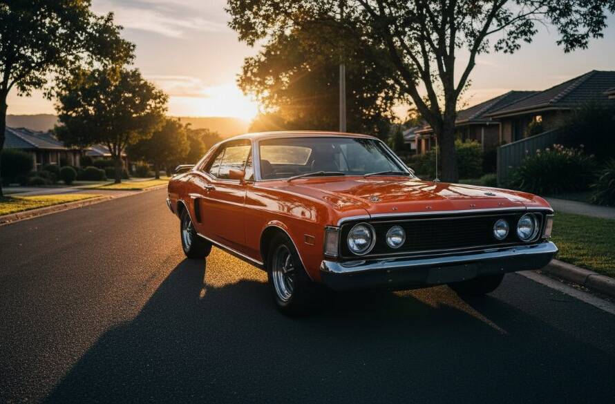A stunning wide-angle shot capturing the essence of Vintage Car Stories Photography Croydon Victoria, showing a pristine vintage muscle car, gleaming under the golden hour sun on a quiet, tree-lined street in Croydon, Victoria, dramatic lighting highlighting its curves, with a hint of local architecture in the soft background.