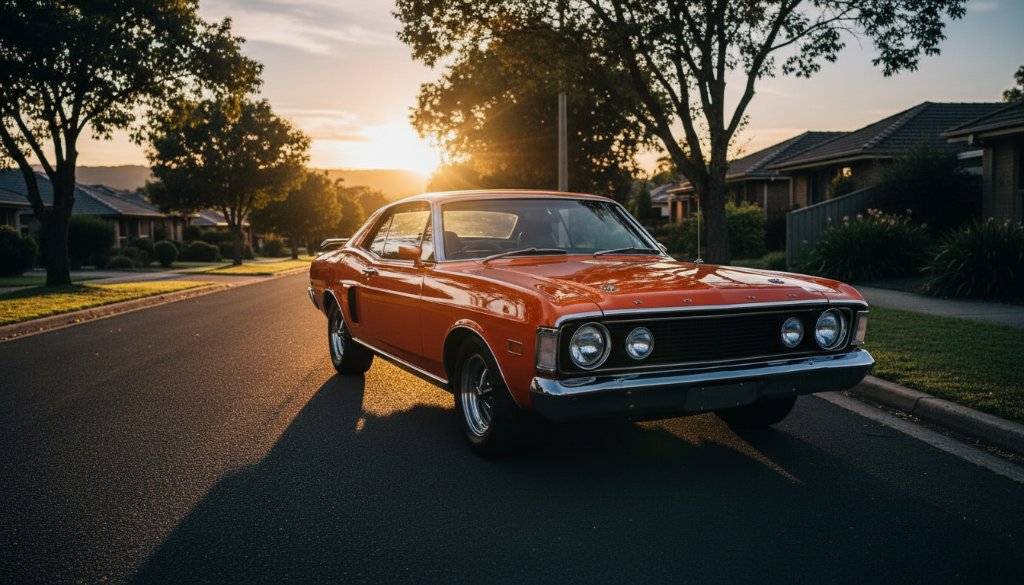 A stunning wide-angle shot capturing the essence of Vintage Car Stories Photography Croydon Victoria, showing a pristine vintage muscle car, gleaming under the golden hour sun on a quiet, tree-lined street in Croydon, Victoria, dramatic lighting highlighting its curves, with a hint of local architecture in the soft background.