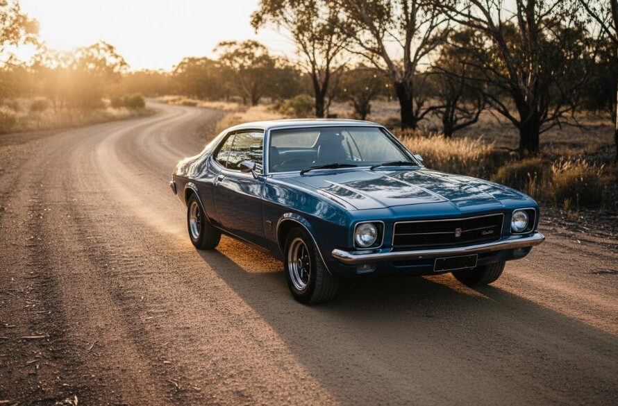 An epic moment of Vintage Holden Photography Huntly Victoria, featuring a meticulously restored 1970s Holden Monaro glowing under dramatic sunset light on a dusty rural road near Huntly, Victoria, Australia, with a backdrop of sparse Australian bushland.