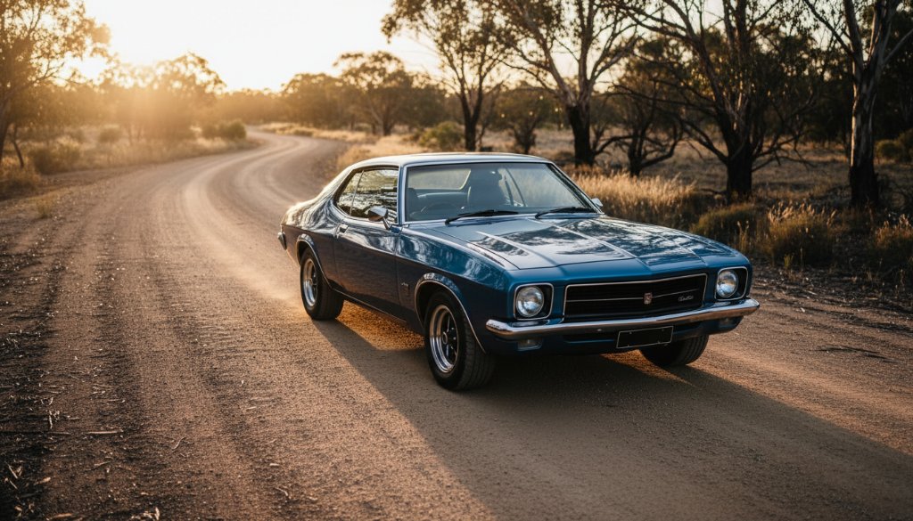 An epic moment of Vintage Holden Photography Huntly Victoria, featuring a meticulously restored 1970s Holden Monaro glowing under dramatic sunset light on a dusty rural road near Huntly, Victoria, Australia, with a backdrop of sparse Australian bushland.