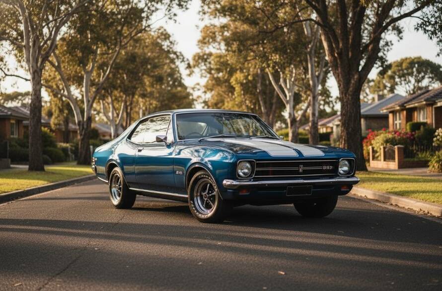 A powerful, low-angle shot of a meticulously restored vintage Holden gleaming under the dramatic golden hour light, parked on a quiet tree-lined street in Ringwood East, capturing the essence of professional classic car photography Ringwood East bespoke sessions with dynamic shadows and highlights.