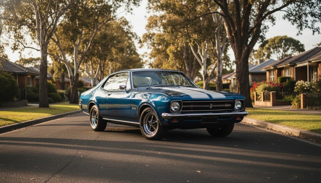 A powerful, low-angle shot of a meticulously restored vintage Holden gleaming under the dramatic golden hour light, parked on a quiet tree-lined street in Ringwood East, capturing the essence of professional classic car photography Ringwood East bespoke sessions with dynamic shadows and highlights.