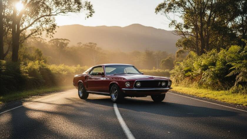 An epic moment captures a perfectly restored classic vintage vehicle photoshoot Ferntree Gully Dandenongs, bathed in dramatic golden hour light, parked on a winding road with the lush Dandenong Ranges as a breathtaking backdrop, conveying luxury and nostalgia.