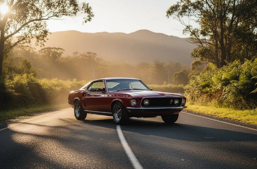 An epic moment captures a perfectly restored classic vintage vehicle photoshoot Ferntree Gully Dandenongs, bathed in dramatic golden hour light, parked on a winding road with the lush Dandenong Ranges as a breathtaking backdrop, conveying luxury and nostalgia.