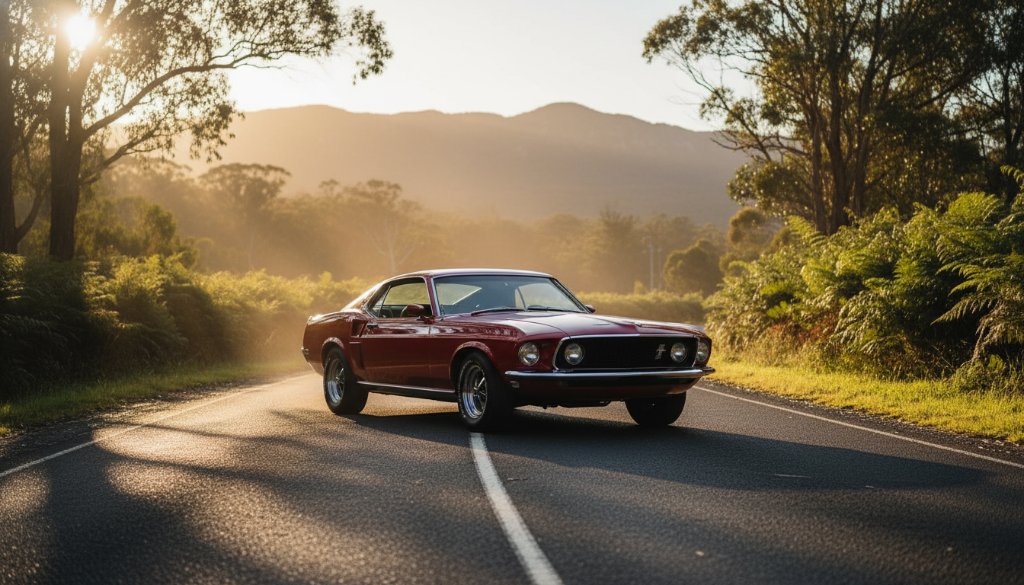 An epic moment captures a perfectly restored classic vintage vehicle photoshoot Ferntree Gully Dandenongs, bathed in dramatic golden hour light, parked on a winding road with the lush Dandenong Ranges as a breathtaking backdrop, conveying luxury and nostalgia.