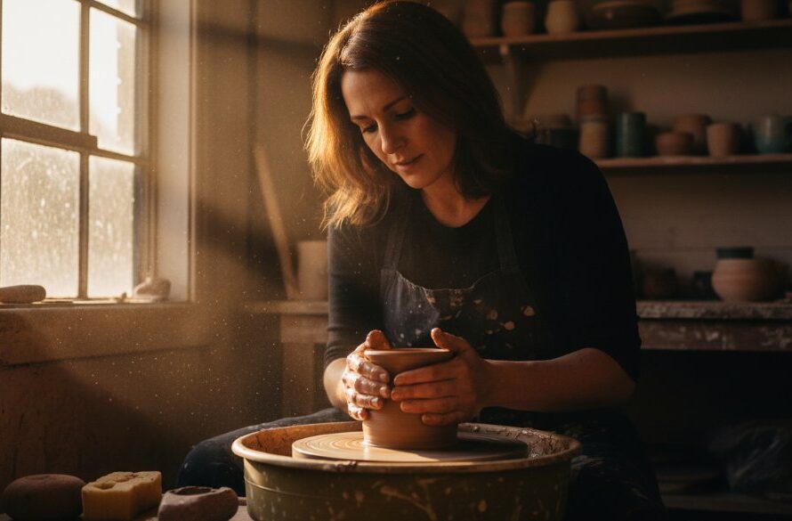 A vibrant, professionally lit hero shot of a local Wallan artisan presenting a beautifully handcrafted ceramic mug, with the Wallan train station in the softly blurred background, showcasing the Wallan Advertising Photography Local Impact.