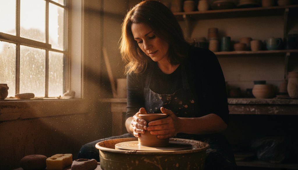 A vibrant, professionally lit hero shot of a local Wallan artisan presenting a beautifully handcrafted ceramic mug, with the Wallan train station in the softly blurred background, showcasing the Wallan Advertising Photography Local Impact.