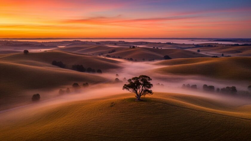 An awe-inspiring 'Wallan aerial landscape drone photography' shot capturing a golden hour vista over the rolling hills of Wallan, with the distant You Yangs framed by dramatic clouds and soft light illuminating a winding country road.