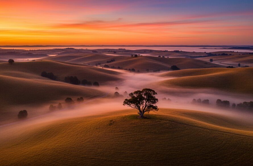 An awe-inspiring 'Wallan aerial landscape drone photography' shot capturing a golden hour vista over the rolling hills of Wallan, with the distant You Yangs framed by dramatic clouds and soft light illuminating a winding country road.