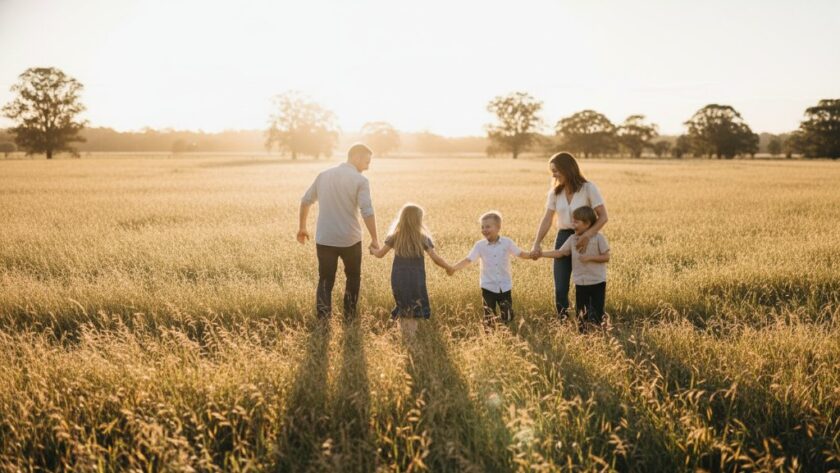 Wallan Candid Photography Genuine Moments captured: A family laughing joyfully by a sun-drenched creek near Hidden Valley, showcasing pure, unscripted happiness in a beautiful Wallan landscape.