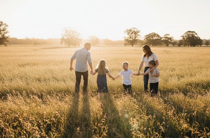 Wallan Candid Photography Genuine Moments captured: A family laughing joyfully by a sun-drenched creek near Hidden Valley, showcasing pure, unscripted happiness in a beautiful Wallan landscape.