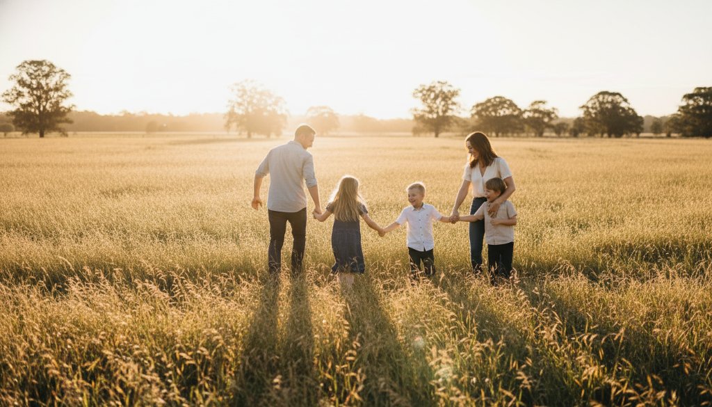 Wallan Candid Photography Genuine Moments captured: A family laughing joyfully by a sun-drenched creek near Hidden Valley, showcasing pure, unscripted happiness in a beautiful Wallan landscape.