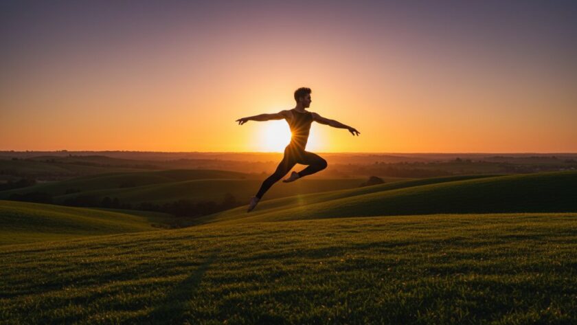 Dynamic wide shot capturing an 'epic moment' of a contemporary dancer mid-leap, silhouetted against a dramatic sunset over Wallan's rolling hills, exemplifying Wallan dance photography capturing fluid motion with professional lighting and colour grading.