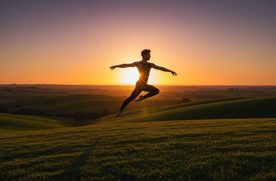 Dynamic wide shot capturing an 'epic moment' of a contemporary dancer mid-leap, silhouetted against a dramatic sunset over Wallan's rolling hills, exemplifying Wallan dance photography capturing fluid motion with professional lighting and colour grading.
