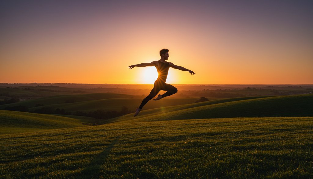 Dynamic wide shot capturing an 'epic moment' of a contemporary dancer mid-leap, silhouetted against a dramatic sunset over Wallan's rolling hills, exemplifying Wallan dance photography capturing fluid motion with professional lighting and colour grading.