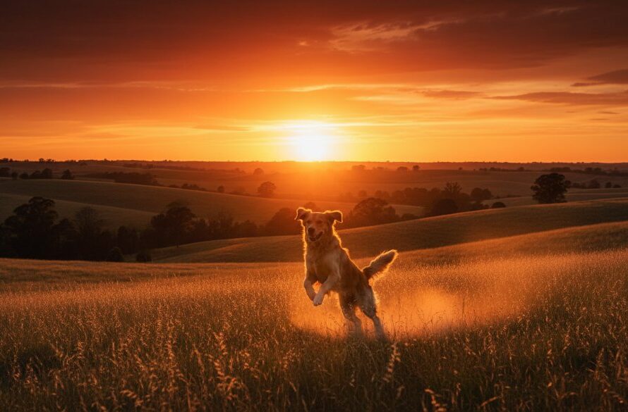 An emotionally resonant, epic moment photograph of a golden retriever joyfully leaping through tall, golden grass at sunset in Wallan, Victoria, beautifully showcasing wallan pet photography capturing cherished moments. The dog is silhouetted against a dramatic, warm sky, with professional colour grading enhancing the golden hues and adding a cinematic feel.