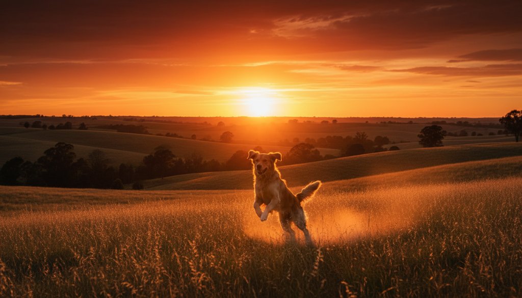 An emotionally resonant, epic moment photograph of a golden retriever joyfully leaping through tall, golden grass at sunset in Wallan, Victoria, beautifully showcasing wallan pet photography capturing cherished moments. The dog is silhouetted against a dramatic, warm sky, with professional colour grading enhancing the golden hues and adding a cinematic feel.