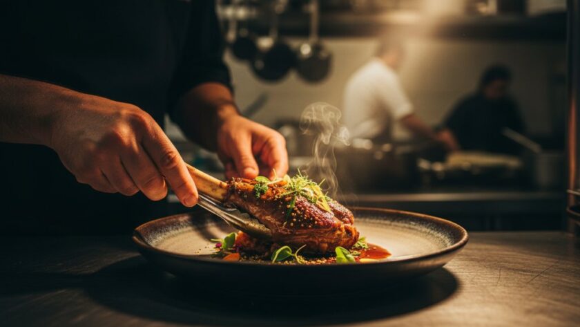 Dramatic overhead shot of a perfectly plated gourmet dish featuring vibrant local Wallan produce, captured with professional Wallan restaurant food photography for local businesses, showcasing steam rising, rich colours, and exquisite texture under warm, inviting restaurant lighting, ready to entice diners.