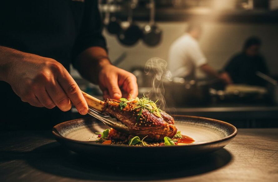Dramatic overhead shot of a perfectly plated gourmet dish featuring vibrant local Wallan produce, captured with professional Wallan restaurant food photography for local businesses, showcasing steam rising, rich colours, and exquisite texture under warm, inviting restaurant lighting, ready to entice diners.