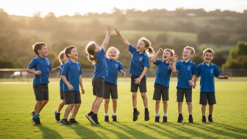 Vibrant Wallan school photography creating lasting student memories, capturing a group of happy primary school children cheering energetically at an outdoor assembly with the Wallan landscape in the background, bathed in warm afternoon sunlight, demonstrating joy and community spirit.