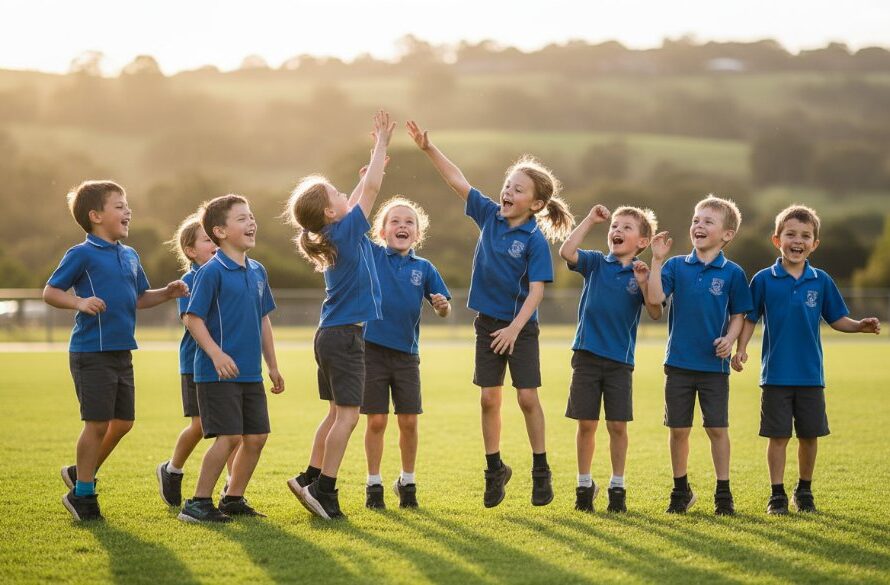 Vibrant Wallan school photography creating lasting student memories, capturing a group of happy primary school children cheering energetically at an outdoor assembly with the Wallan landscape in the background, bathed in warm afternoon sunlight, demonstrating joy and community spirit.