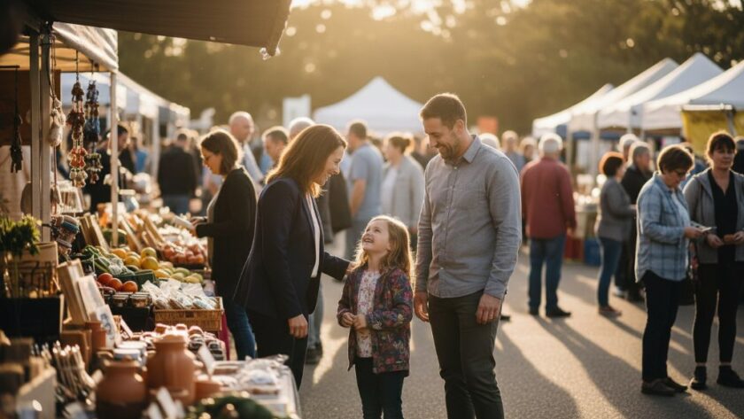 Wallan Victoria authentic editorial event photography capturing a dynamic, joyous moment at a local Wallan market festival, with vibrant colours and a community leader interacting enthusiastically with residents under dramatic evening light.