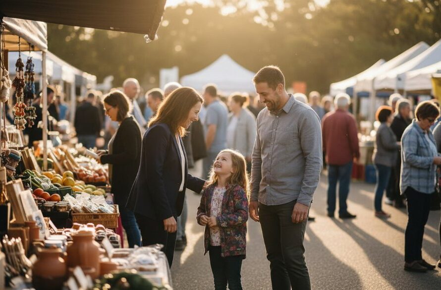 Wallan Victoria authentic editorial event photography capturing a dynamic, joyous moment at a local Wallan market festival, with vibrant colours and a community leader interacting enthusiastically with residents under dramatic evening light.
