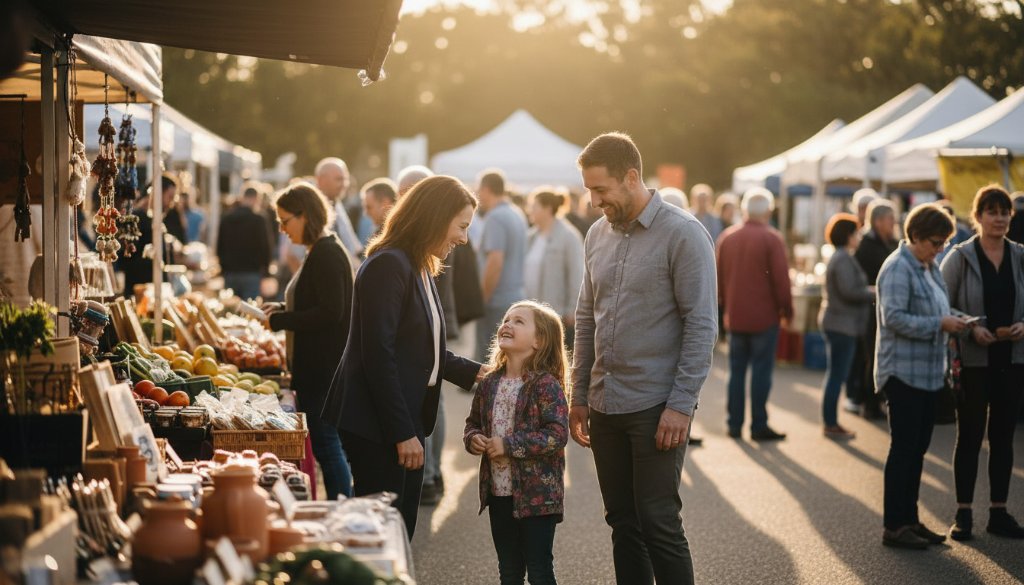 Wallan Victoria authentic editorial event photography capturing a dynamic, joyous moment at a local Wallan market festival, with vibrant colours and a community leader interacting enthusiastically with residents under dramatic evening light.