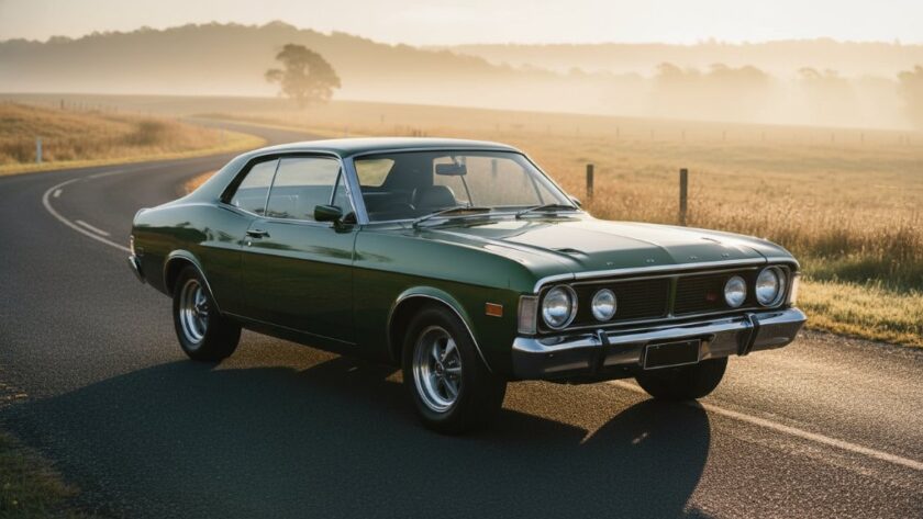 Dramatic, high-contrast shot of a vintage muscle car at sunset on a country road near Wallan, Victoria, expertly showcasing Wallan Victoria Automotive Photography Capturing Epic Car Moments with golden hour light.