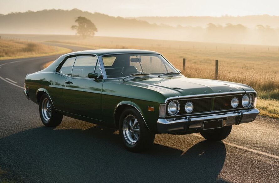 Dramatic, high-contrast shot of a vintage muscle car at sunset on a country road near Wallan, Victoria, expertly showcasing Wallan Victoria Automotive Photography Capturing Epic Car Moments with golden hour light.