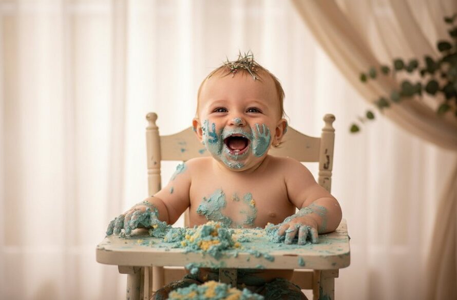 A close-up, epic moment photograph of a happy baby boy in Wallan Victoria cake smash photography one-year-old celebration, covered in cake, laughing joyfully, with soft, dramatic backlighting highlighting the frosting and his expressive face, set against a whimsical backdrop.