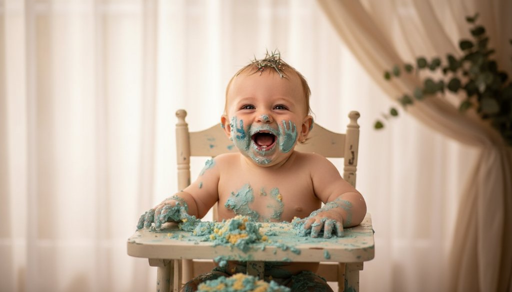 A close-up, epic moment photograph of a happy baby boy in Wallan Victoria cake smash photography one-year-old celebration, covered in cake, laughing joyfully, with soft, dramatic backlighting highlighting the frosting and his expressive face, set against a whimsical backdrop.