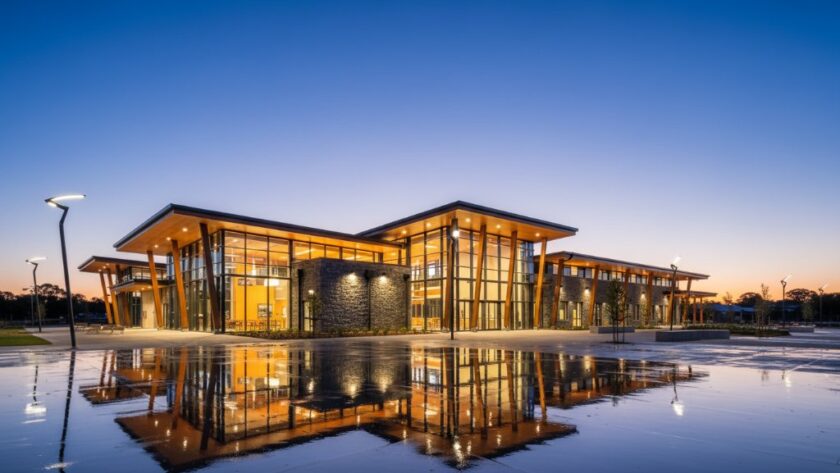 A wide, dramatic shot capturing the Wallan Victoria commercial architecture photography impact of a newly built, modern community centre at dusk, with warm interior lights glowing and a dynamic sky above, highlighting its contemporary design and welcoming presence.