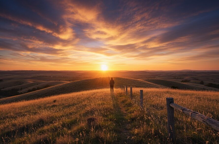 An ethereal and dramatic fine art photograph showcasing the stunning Wallan landscape at sunset, with a lone, silhouetted figure standing by a fence, bathed in golden light, ideal for Wallan Victoria Fine Art Photography for Elegant Home Decor to create an artistic statement piece.