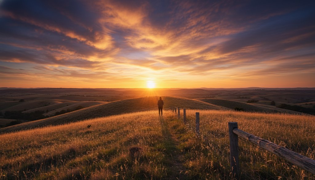 An ethereal and dramatic fine art photograph showcasing the stunning Wallan landscape at sunset, with a lone, silhouetted figure standing by a fence, bathed in golden light, ideal for Wallan Victoria Fine Art Photography for Elegant Home Decor to create an artistic statement piece.