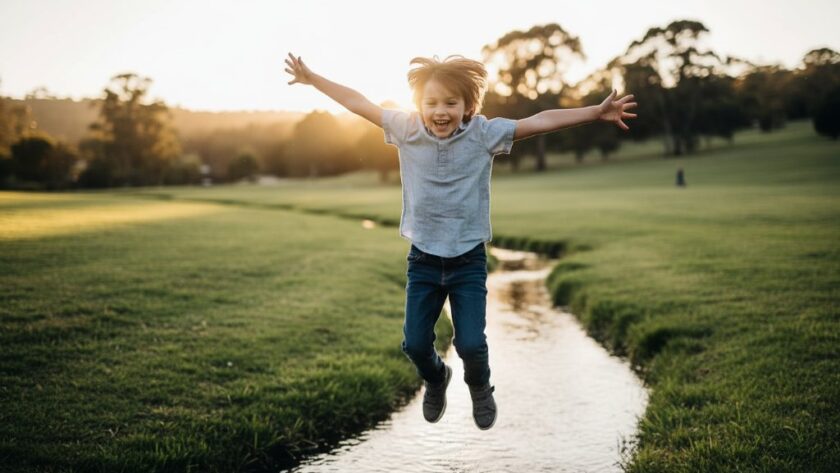 An 'epic moment' photograph of a child mid-air, laughing joyfully as they jump over a small stream in a sun-dappled Wallan park, embodying the spirit of Wallan Victoria kids photography capturing childhood magic.