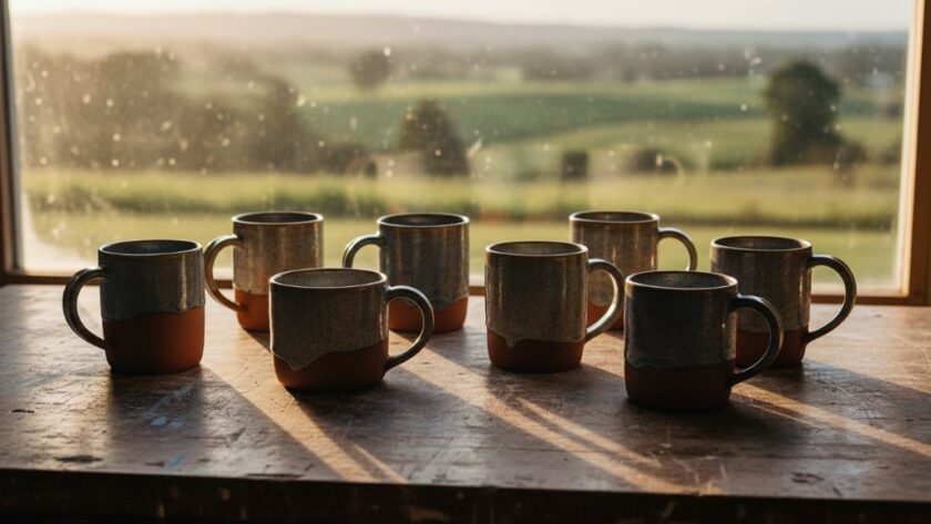 A stunning, professionally lit photograph showcasing bespoke artisanal ceramic mugs arranged artfully on a rustic wooden table, with natural light streaming through a window reflecting the serene Wallan countryside, illustrating exceptional Wallan Victoria Product Photography for Artisans.