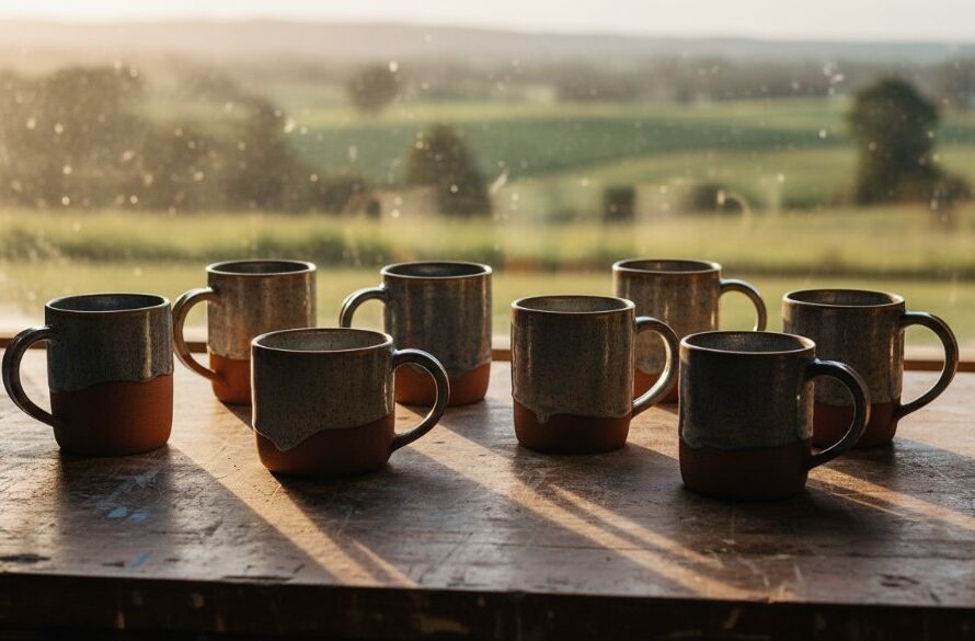 A stunning, professionally lit photograph showcasing bespoke artisanal ceramic mugs arranged artfully on a rustic wooden table, with natural light streaming through a window reflecting the serene Wallan countryside, illustrating exceptional Wallan Victoria Product Photography for Artisans.