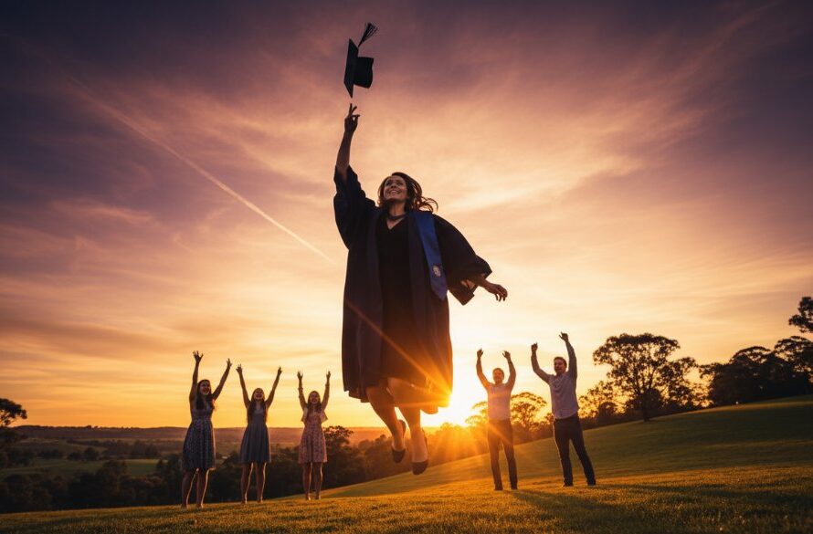A joyful high school graduate in Wallan, Victoria, tossing their cap against a vibrant sunset, celebrating their Wallan Victoria school leavers photography moment with friends, dramatic lighting capturing their triumphant expressions.